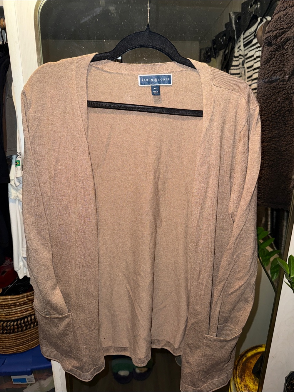 Karen Scott Lightweight Open-Front Cardigan in Taupe Brown